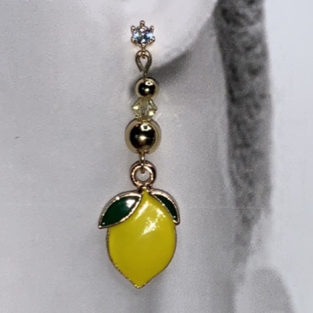 Cubic Zirconia Stud With Dangling Bright Yellow Lemon Pendant w Czech Crystal